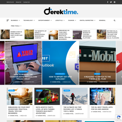 A detailed screenshot showcasing the homepage of www.derektime.com, highlighting its main features and design elements.