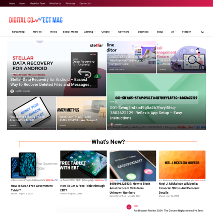 A detailed screenshot showcasing the homepage of www.digitalconnectmag.com, highlighting its main features and design elements.