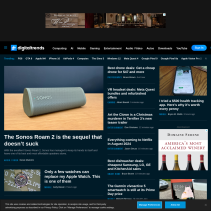 A detailed screenshot showcasing the homepage of www.digitaltrends.com, highlighting its main features and design elements.