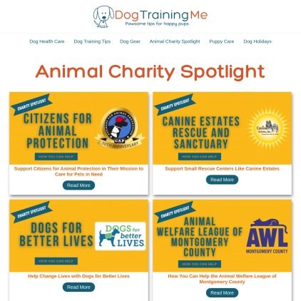 A detailed screenshot showcasing the homepage of www.dogtrainingme.com, highlighting its main features and design elements.