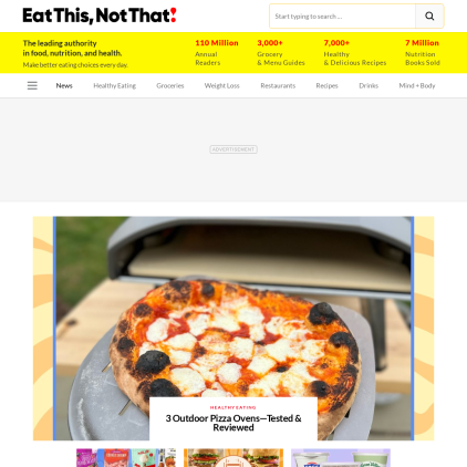 A detailed screenshot showcasing the homepage of www.eatthis.com, highlighting its main features and design elements.