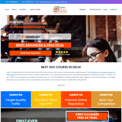 A detailed screenshot showcasing the homepage of www.expert-seo-training-institute.in, highlighting its main features and design elements.