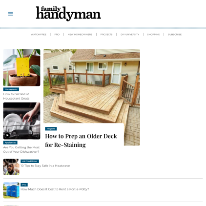 A detailed screenshot showcasing the homepage of www.familyhandyman.com, highlighting its main features and design elements.