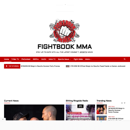 A detailed screenshot showcasing the homepage of www.fightbookmma.com, highlighting its main features and design elements.