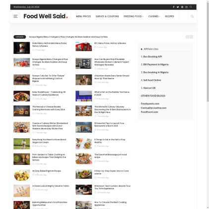 A detailed screenshot showcasing the homepage of www.foodwellsaid.com, highlighting its main features and design elements.