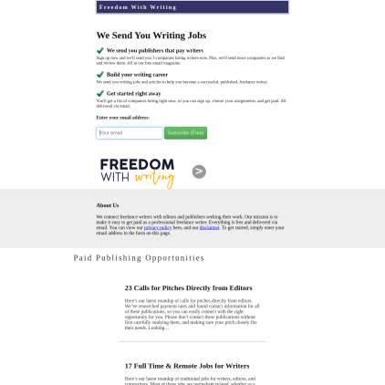 A detailed screenshot showcasing the homepage of www.freedomwithwriting.com, highlighting its main features and design elements.