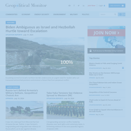 A detailed screenshot showcasing the homepage of www.geopoliticalmonitor.com, highlighting its main features and design elements.