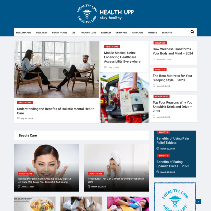 A detailed screenshot showcasing the homepage of www.healthupp.com, highlighting its main features and design elements.