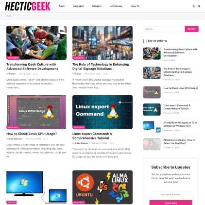 A detailed screenshot showcasing the homepage of www.hecticgeek.com, highlighting its main features and design elements.