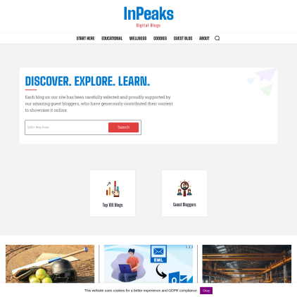 A detailed screenshot showcasing the homepage of www.inpeaks.com, highlighting its main features and design elements.