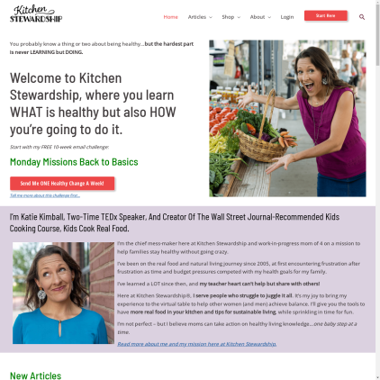 A detailed screenshot showcasing the homepage of www.kitchenstewardship.com, highlighting its main features and design elements.