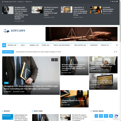 A detailed screenshot showcasing the homepage of www.kiwilaws.com, highlighting its main features and design elements.