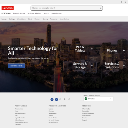 A detailed screenshot showcasing the homepage of www.lenovo, highlighting its main features and design elements.