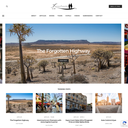 A detailed screenshot showcasing the homepage of www.literarytraveler.com, highlighting its main features and design elements.