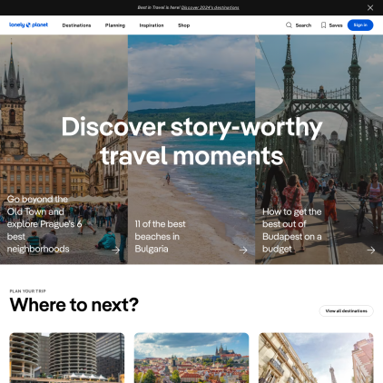 A detailed screenshot showcasing the homepage of www.lonelyplanet.com, highlighting its main features and design elements.