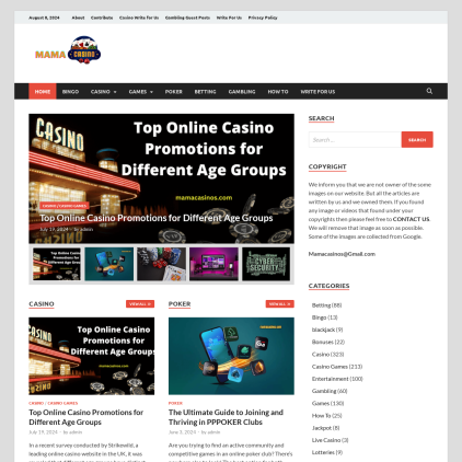 A detailed screenshot showcasing the homepage of www.mamacasinos.com, highlighting its main features and design elements.