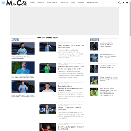 A detailed screenshot showcasing the homepage of www.mancitycore.com, highlighting its main features and design elements.