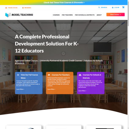 A detailed screenshot showcasing the homepage of www.modelteaching.com, highlighting its main features and design elements.