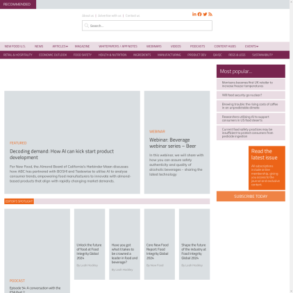 A detailed screenshot showcasing the homepage of www.newfoodmagazine.com, highlighting its main features and design elements.