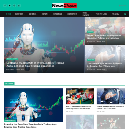 A detailed screenshot showcasing the homepage of www.newsdeeper.com, highlighting its main features and design elements.