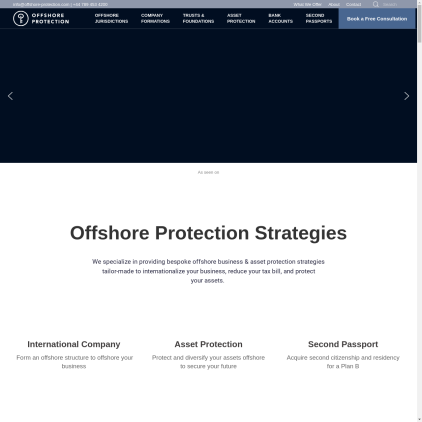 A detailed screenshot showcasing the homepage of www.offshore-protection.com, highlighting its main features and design elements.