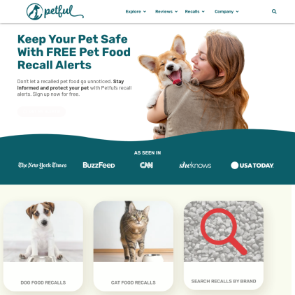 A detailed screenshot showcasing the homepage of www.petful.com, highlighting its main features and design elements.