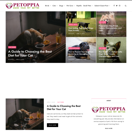 A detailed screenshot showcasing the homepage of www.petoppia.com, highlighting its main features and design elements.