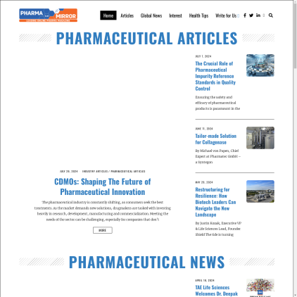 A detailed screenshot showcasing the homepage of www.pharmamirror.com, highlighting its main features and design elements.