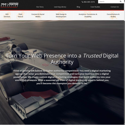 A detailed screenshot showcasing the homepage of www.polepositionmarketing.com, highlighting its main features and design elements.