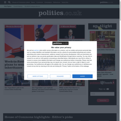 A detailed screenshot showcasing the homepage of www.politics.co.uk, highlighting its main features and design elements.