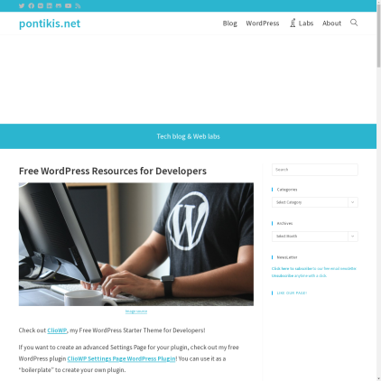 A detailed screenshot showcasing the homepage of www.pontikis.net, highlighting its main features and design elements.