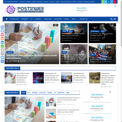 A detailed screenshot showcasing the homepage of www.postinweb.com, highlighting its main features and design elements.