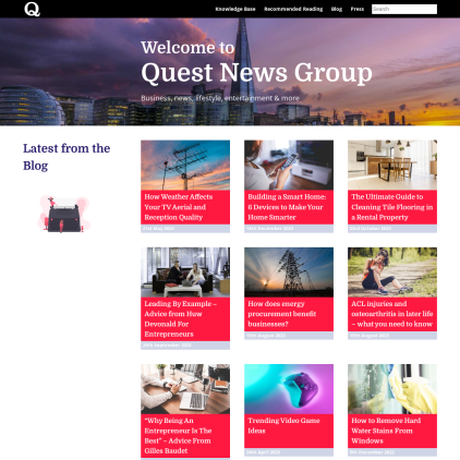 A detailed screenshot showcasing the homepage of www.questnewsgroup.com, highlighting its main features and design elements.