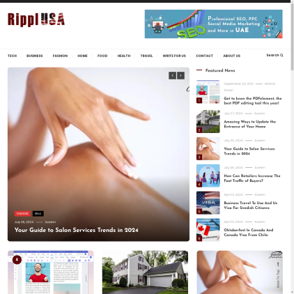 A detailed screenshot showcasing the homepage of www.ripplusa.com, highlighting its main features and design elements.