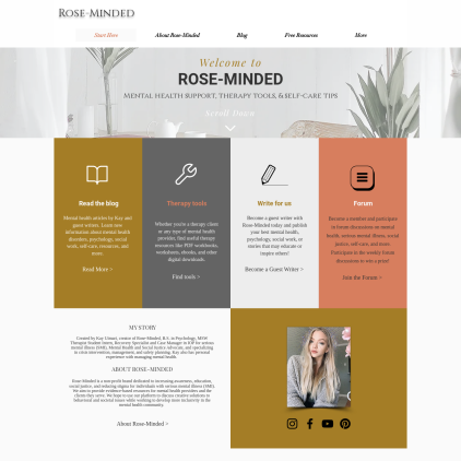 A detailed screenshot showcasing the homepage of www.rose-minded.com, highlighting its main features and design elements.