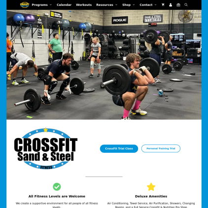 A detailed screenshot showcasing the homepage of www.sandandsteelfitness.com, highlighting its main features and design elements.