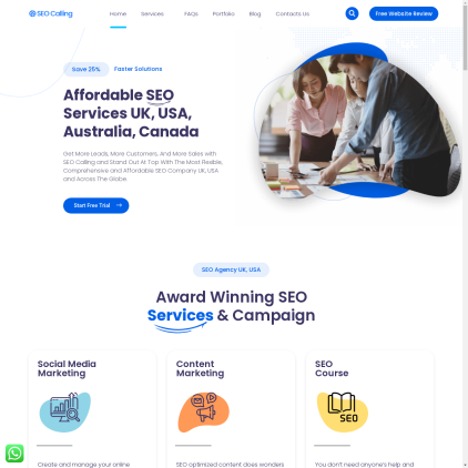 A detailed screenshot showcasing the homepage of www.seocalling.com, highlighting its main features and design elements.