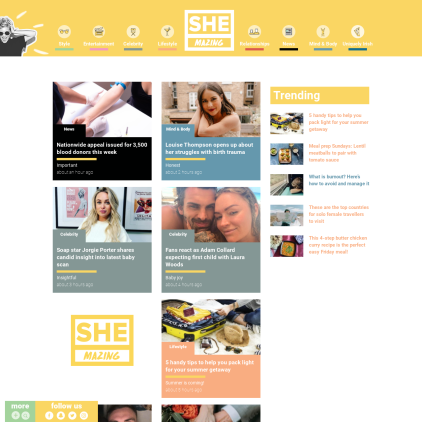 A detailed screenshot showcasing the homepage of www.shemazing.net, highlighting its main features and design elements.