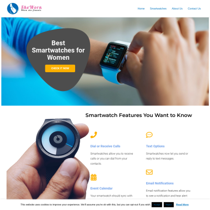 A detailed screenshot showcasing the homepage of www.sheworn.com, highlighting its main features and design elements.