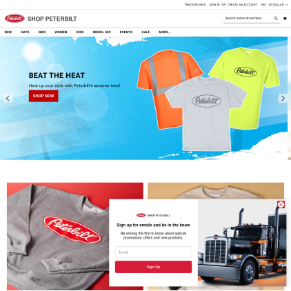 A detailed screenshot showcasing the homepage of www.shoppeterbilt.com, highlighting its main features and design elements.