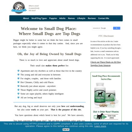 A detailed screenshot showcasing the homepage of www.smalldogplace.com, highlighting its main features and design elements.