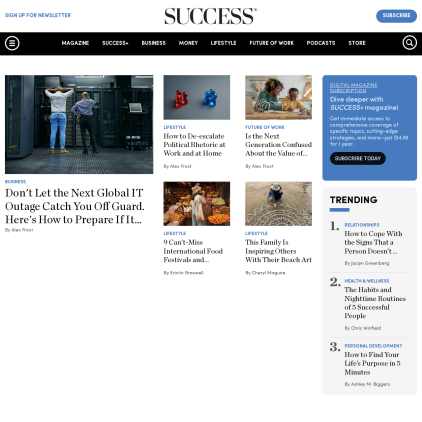 A detailed screenshot showcasing the homepage of www.success.com, highlighting its main features and design elements.