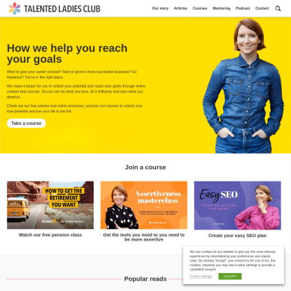 A detailed screenshot showcasing the homepage of www.talentedladiesclub.com, highlighting its main features and design elements.