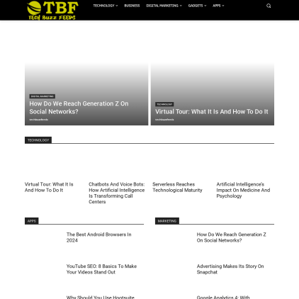 A detailed screenshot showcasing the homepage of www.techbuzzfeeds.com, highlighting its main features and design elements.