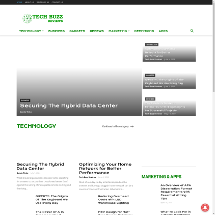 A detailed screenshot showcasing the homepage of www.techbuzzreviews.com, highlighting its main features and design elements.