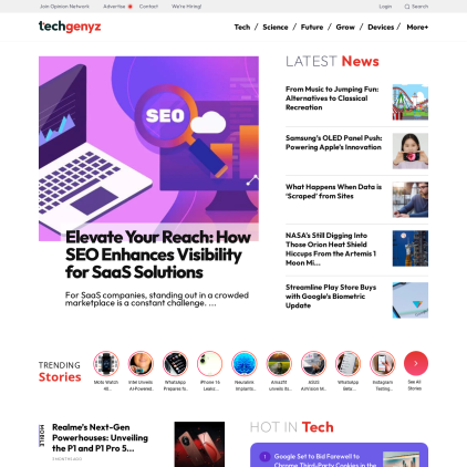 A detailed screenshot showcasing the homepage of www.techgenyz.com, highlighting its main features and design elements.