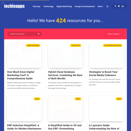 A detailed screenshot showcasing the homepage of www.techieapps.com, highlighting its main features and design elements.