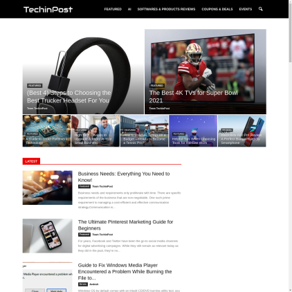 A detailed screenshot showcasing the homepage of www.techinpost.com, highlighting its main features and design elements.