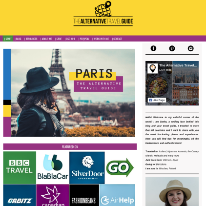 A detailed screenshot showcasing the homepage of www.thealternativetravelguide.com, highlighting its main features and design elements.