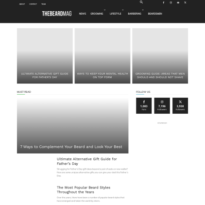 A detailed screenshot showcasing the homepage of www.thebeardmag.com, highlighting its main features and design elements.